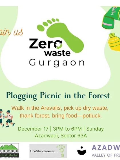 An invitation to our Plogging Picnic. We combine a walk in the Aravallis with picking up dry waste and a community potluck, making conservation a fun and social activity.