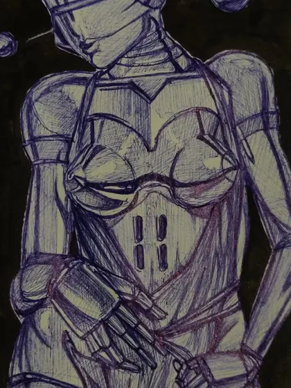This is the same robot sketch, showing how the final piece looks on the page. The contrast between the detailed ink work and the plain background makes the character stand out.