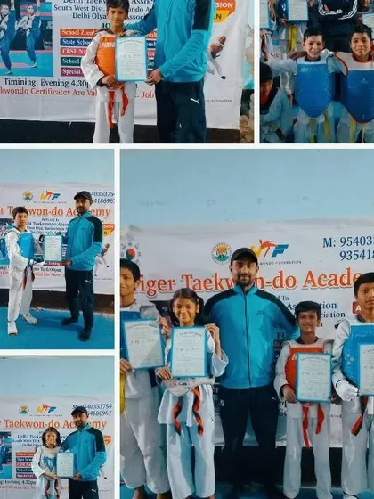 A collage of memories from various belt grading tests and competitions, showing students receiving their certificates and posing with their gear.
