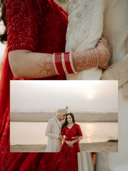 A creative collage that combines a close-up of the couple's embrace with a wider shot of them by the water at sunset.