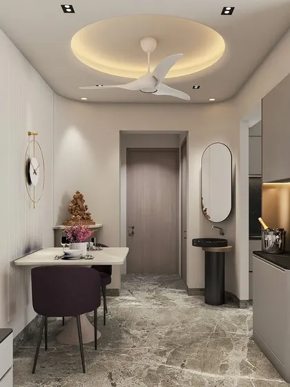 A render of a compact dining area and bar, showing how we maximize space in a neo-classic design with elegant solutions.
