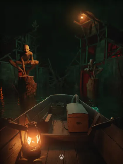 A first-person perspective of arriving at a dock on Flicker Island. The crouching creatures and ominous structures are designed to give the viewer a sense of being an unwelcome visitor, immediately establishing the threat level.