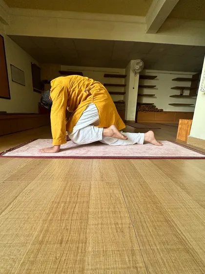 A variation of tiger pose, this deep stretch helps in opening the hips and strengthening the lower back.