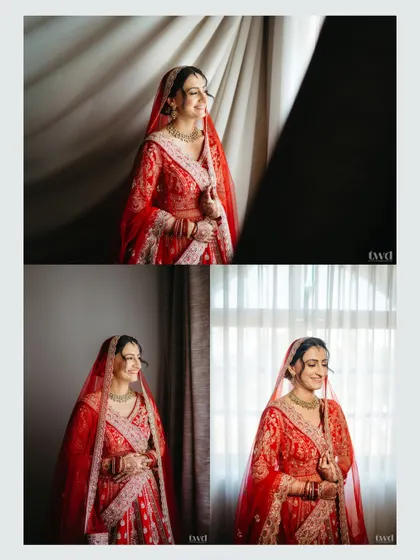 A collage of a beautiful bride in her red lehenga, captured in different lighting. It shows her thoughtful expressions and radiant smiles as she gets ready for her big moment.