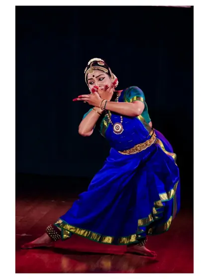 A powerful stance from Chaitra Rao, demonstrating the strength and control required in Bharatanatyam.