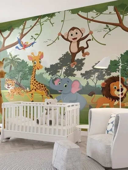 This cartoon jungle wallpaper is full of friendly animals like a lion, tiger, and monkey. The bright, cheerful design is perfect for stimulating a young child's imagination in a nursery or playroom.