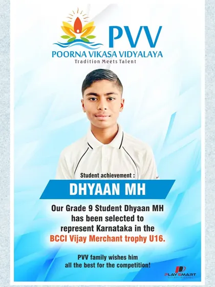 We are proud of Dhyaan MH, who has been selected to represent Karnataka in the prestigious BCCI U16 Vijay Merchant Trophy.