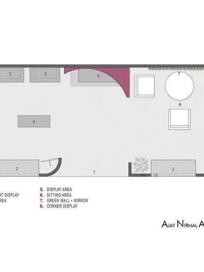 Another version of the floor plan for the Villandi '22 stall, with labels indicating the function of each space, from low height displays at the entrance to the corner display and green wall.