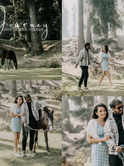 A collage documenting Rahul and Priyanka's journey through the forest with a horse. These images capture their interaction with the animal and each other in a beautiful, natural setting.