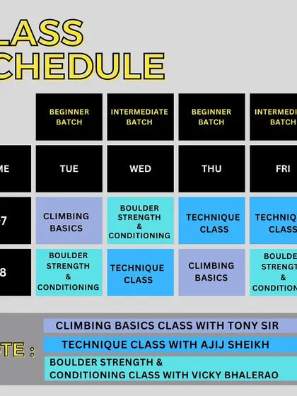 Check out our weekly class schedule for adults! We offer a mix of beginner and intermediate batches focusing on climbing basics, technique, and boulder strength and conditioning. Find the perfect class for your skill level and goals.
