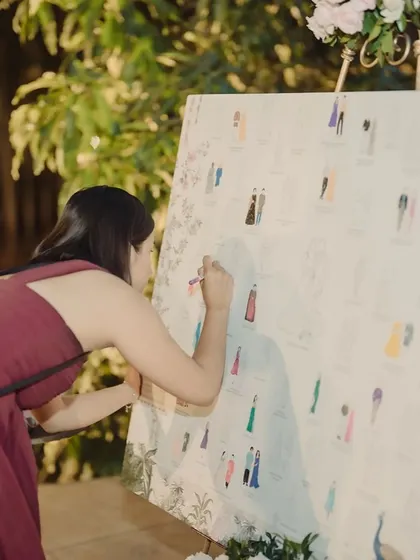 An interactive and personal touch. Guests had fun finding their illustrated selves on this custom guest board and coloring in their outfits, creating a collaborative and colorful memento of the day.