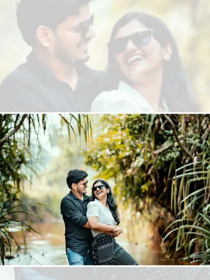 A collage featuring a happy, laughing close-up and a wider shot of the couple embracing in a lush, green environment.