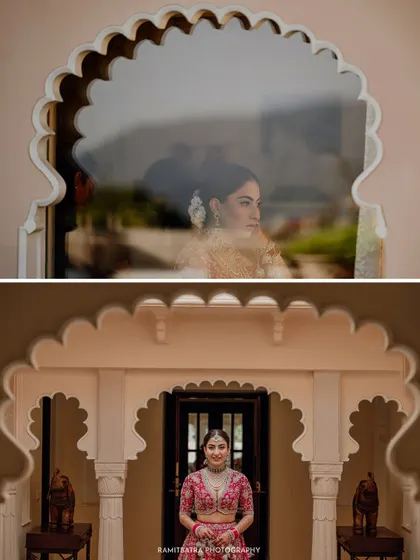 A diptych showing the bride looking through a window and standing in a beautifully arched doorway at Udaivilas.