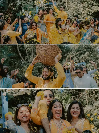 A collage showing the pure joy and energy of the guests during a fun-filled Haldi ceremony.