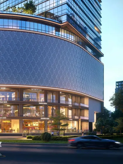 A close-up of the retail and podium levels of Nakshatra Regalia II. The design focuses on creating an engaging street-level experience with a sophisticated architectural language.