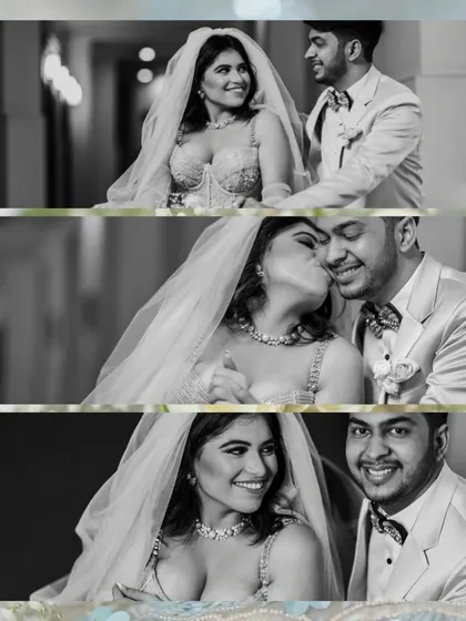 A black and white collage from the same wedding, capturing a series of sweet, candid moments that show the couple's joy and affection.