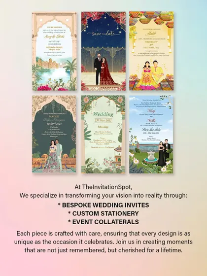 At The Invitation Spot, I specialize in transforming your vision into reality. This graphic highlights my core services: bespoke wedding invites, custom stationery, and event collaterals, all crafted with care.