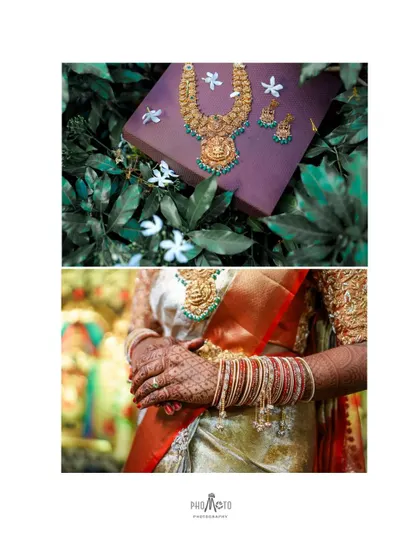 A collage focusing on the intricate details of the bride's jewelry and henna-adorned hands.