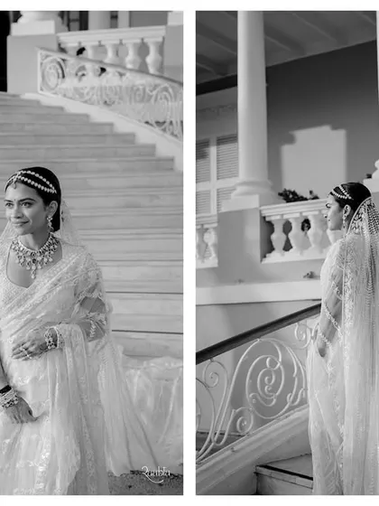 A timeless black and white diptych of the bride on a grand marble staircase, creating a feeling of classic, old-world elegance.