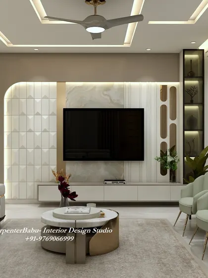 Another angle of the TV unit, highlighting the backlit display shelves and the clean, floating design of the console.