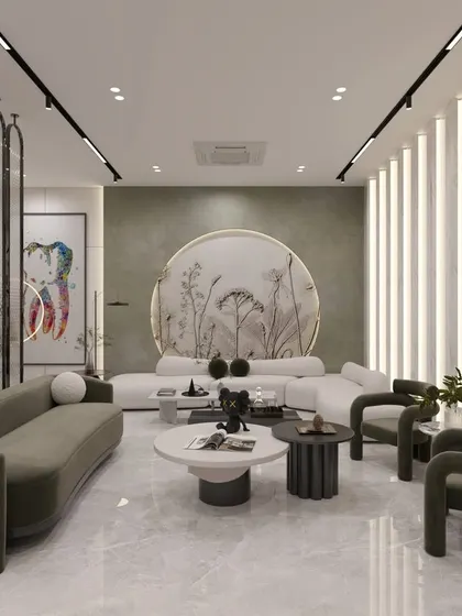 This is the main waiting lounge from my dental clinic concept, designed for ultimate patient comfort. It features a large, curved white sofa, contrasting olive green seating, and a central art piece with botanical illustrations, all set against a backdrop of white marble and textured green walls.