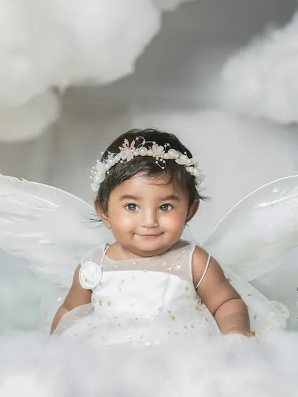 A duplicate of image 19, showing a baby girl as a heavenly angel sitting on a cloud, a truly magical and creative concept.