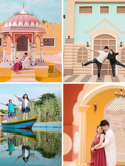 A playful and colorful collage showing couples enjoying the diverse and fun backdrops at Ramesh Film City, from a boat ride to whimsical architectural sets.