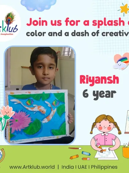 Riyansh, age 6, creates a splash of color with his beautiful painting of koi fish in a pond.