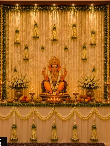 For a Ganapathi puja, I created this intricate backdrop using strings of white jasmine flowers (malli poo) and green leaf borders. The setup includes traditional brass lamps (diyas) and floral arrangements flanking the deity.
