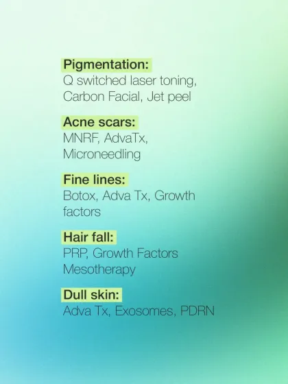 This chart matches specific skin concerns to the targeted solutions I offer, from Q-switched lasers for pigmentation to MNRF and AdvaTx for acne scars.