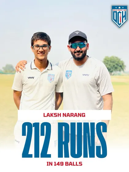 Laksh Narang celebrating his record-shattering double century of 212 runs in just 149 balls. An absolutely masterful batting display.