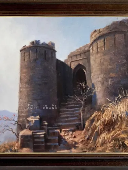 An oil painting of Sinhagad fort. Oil paints allow for a rich, textured depiction of the stone walls and the rugged landscape.