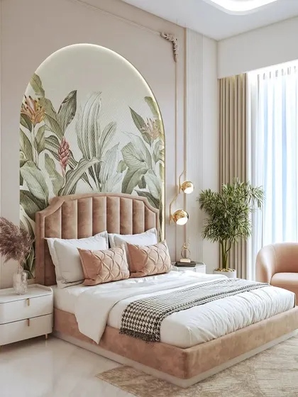 A full view of the pink tropical bedroom render, showcasing the serene and vibrant tone created by the arched headboard and botanical wallpaper.