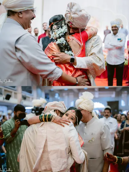 A collage of emotional hugs between the couple and their family members.