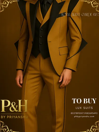 A detailed close-up of the gold and black suit's jacket. The focus is on the sharp, angular construction of the lapels and sleeves, highlighting the garment's sculptural quality.