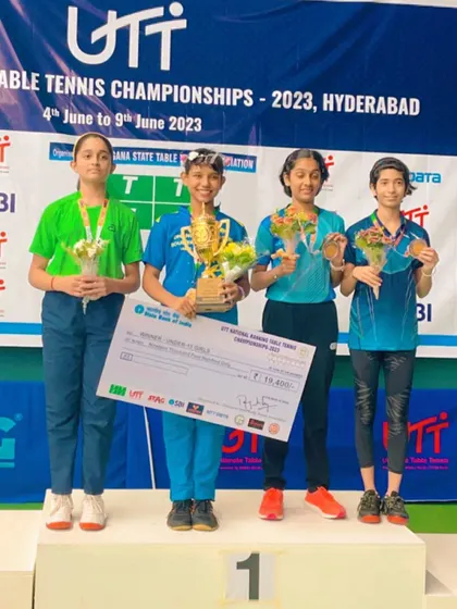 The U-15 girls' winners' podium at the UTT National Ranking Tournament in Hyderabad, with our player Kavya Bhat in third place, celebrating her national-level achievement.