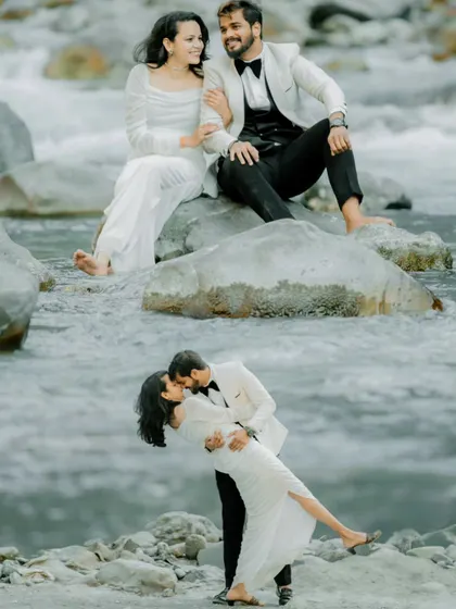 A dramatic and romantic set of poses by the river. The dip kiss, in particular, creates a classic, movie-like moment that stands out as a highlight of their pre-wedding shoot.