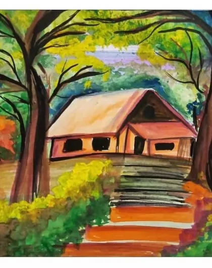 A watercolor landscape painting of a house in the woods, capturing the beauty of a natural, secluded setting.