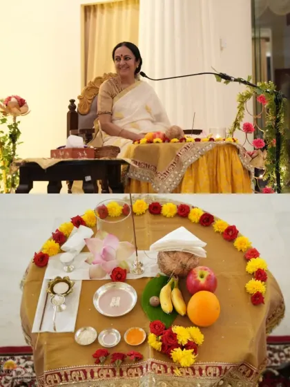 A collage from the Guru Purnima celebration showing the puja setup and my sister, Bhanumati, leading the event. It is a day filled with devotion, gratitude, and enchanting music.