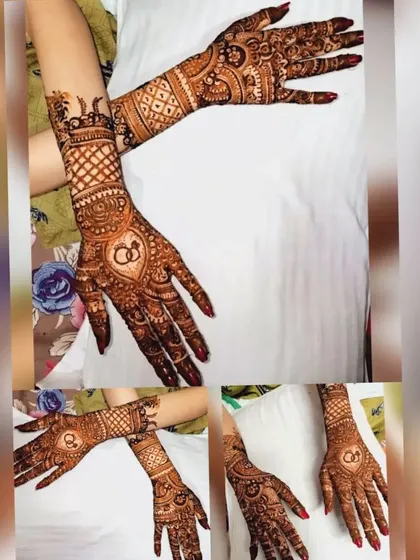 A collage showing a beautiful engagement henna design. The interlocking rings are prominently featured in the center of the palm, surrounded by traditional patterns.