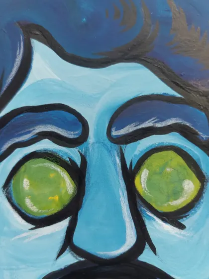 A detail shot of the eyes in my self-portrait. Even in a stylized piece, conveying emotion through the eyes is important.