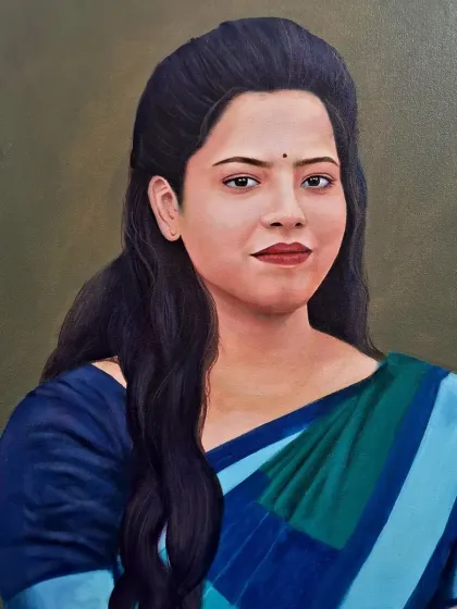 A close-up portrait where the focus is entirely on the subject's face. My process involves carefully blending acrylics to create smooth skin tones and capture the light in her eyes.