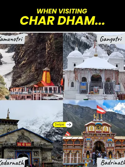 The four pillars of the Char Dham Yatra. This image showcases the four sacred destinations, each with its unique architecture and spiritual importance, that we cover in our 11 day trip.