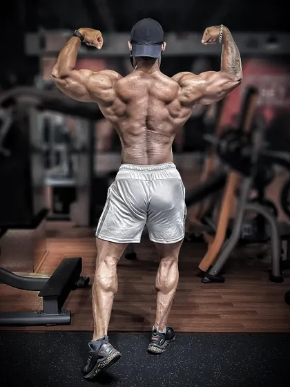 This is the back that was rebuilt. Every muscle fiber you see was earned through years of careful, intense training post-injury. This rear double bicep pose shows the detail and thickness that is possible even after significant setbacks.