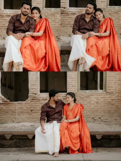 A collage showing different moments from a pre-wedding shoot at a heritage site, showcasing both posed and candid interactions.