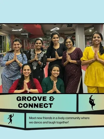 A graphic showcasing our community. We are all about grooving and connecting, meeting new friends in a lively environment.