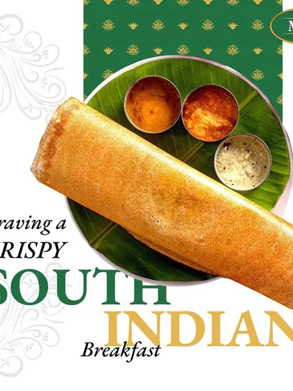 Craving a crispy South Indian breakfast? Our dosa, served with sambar and chutneys, is the perfect choice to satisfy your craving.