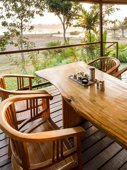 Another shot of our beautiful riverside dining deck at Kabini, perfect for enjoying a meal while watching the sunset.