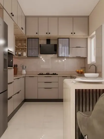 This perspective from our 3D render provides a clear view of the kitchen's layout and how it connects to the breakfast bar, creating a social and functional hub.