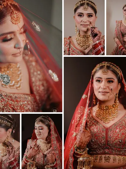 A comprehensive collage of the bride's getting-ready moments. It includes close-ups of her makeup, jewelry, and various expressions, telling the story of her transformation.